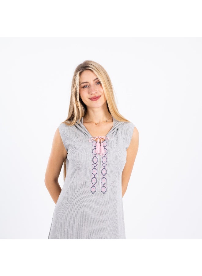 zecotex  Women's Ribbed Cotton Hooded Home Dress - Sleeveless Loungewear with Embroidered Neckline - Light Grey. - Image 2